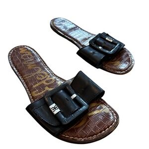 Sam Edelman Black Leather Buckle Slide Sandals Brown Croc Footbed Womens 10